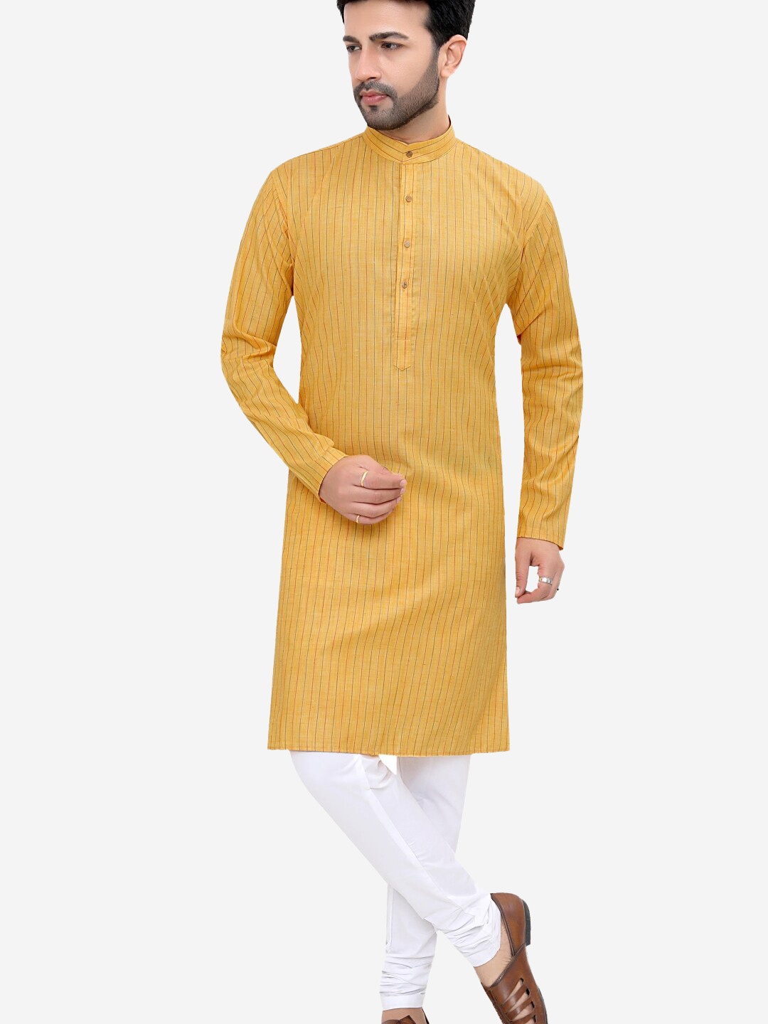 

Authentics Striped Mandarin Collar Regular Kurta With Churidar, Yellow