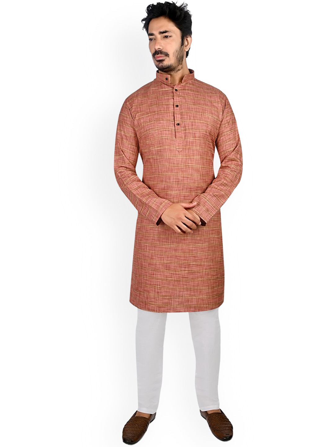 

Authentics Mandarin Collar Straight Kurta With Pyjamas, Brown