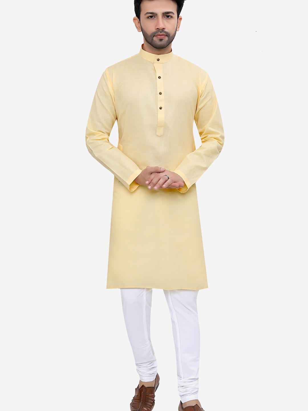 

Authentics Band Collar Regular Kurta With Churidar, Yellow