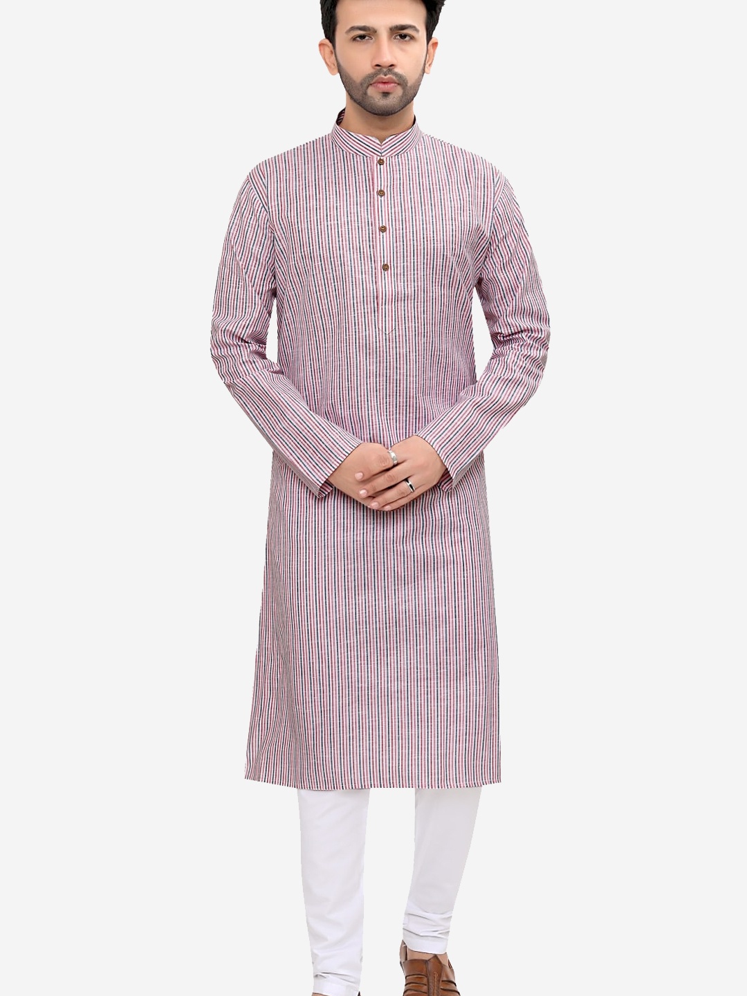 

Authentics Striped Linen Straight Kurta With Churidar, Pink
