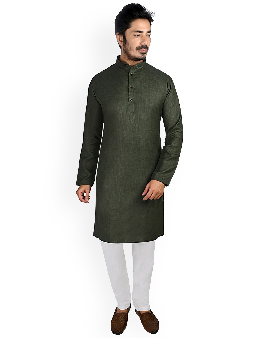 

Authentics Mandarin Collar Pure Cotton Kurta With Pyjamas, Green