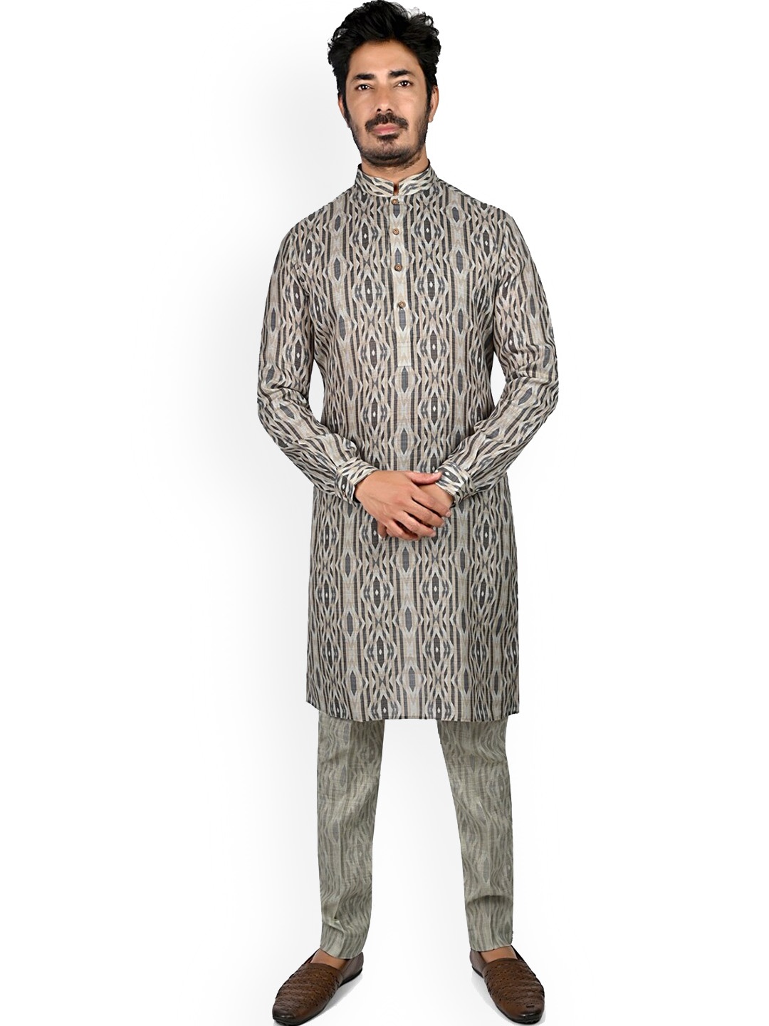 

Authentics Ethnic Motifs Printed Regular Linen Kurta With Pyjamas, Green