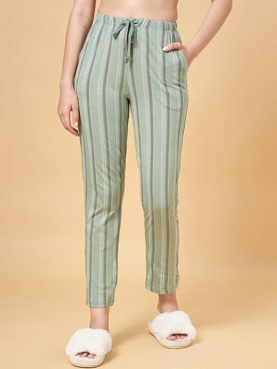 

Dreamz by Pantaloons Women Striped Pure Cotton Lounge Pants, Green
