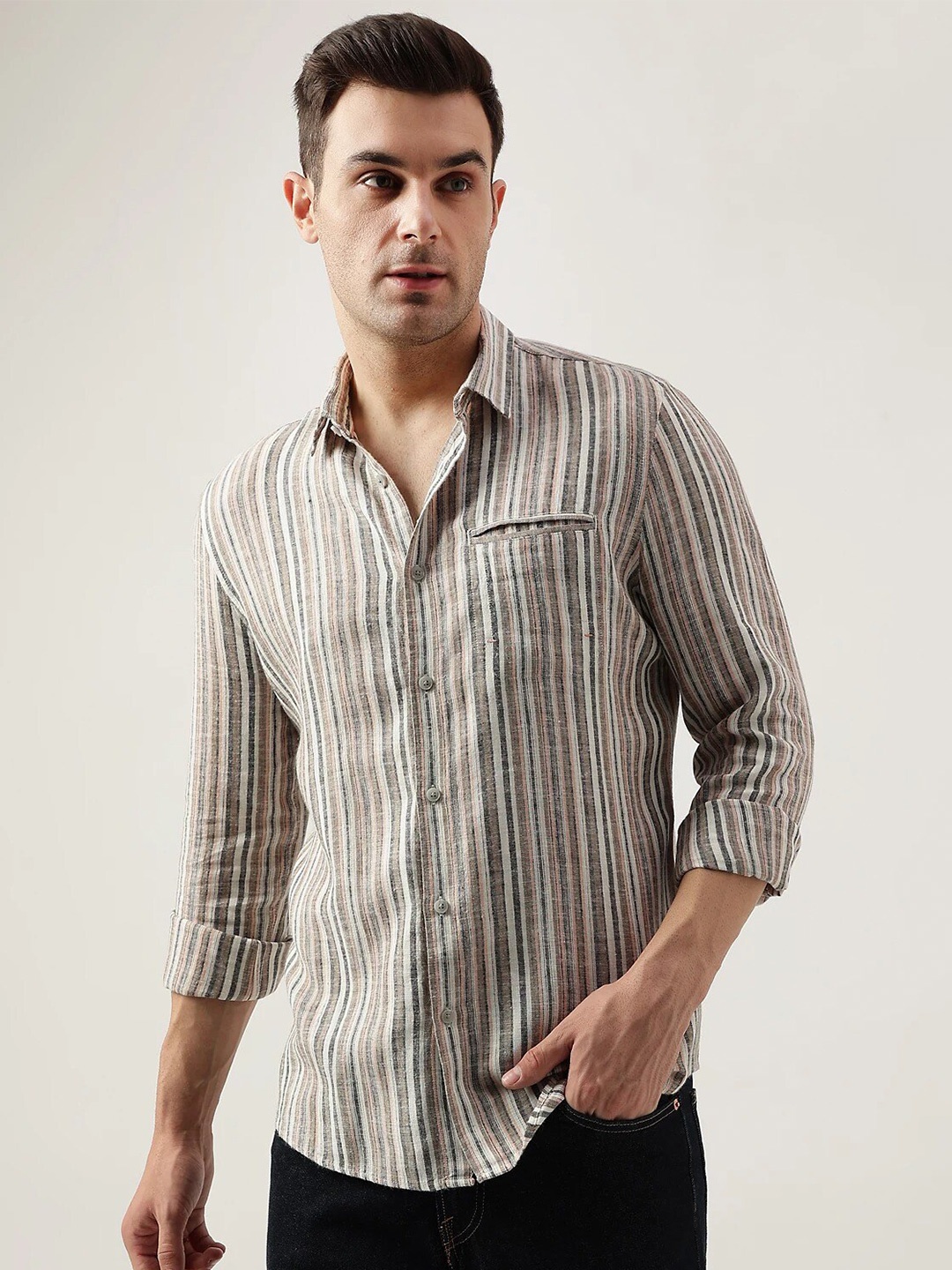 

Marks & Spencer Spread Collar Striped Casual Shirt, Brown