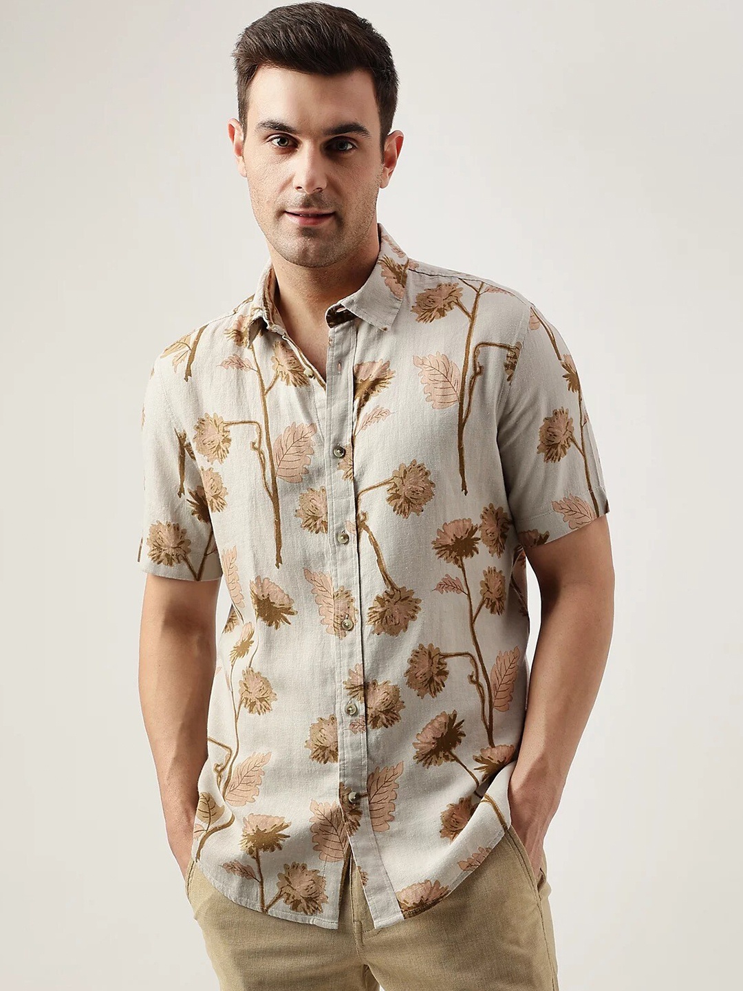 

Marks & Spencer Floral Printed Spread Collar Casual Shirt, Beige