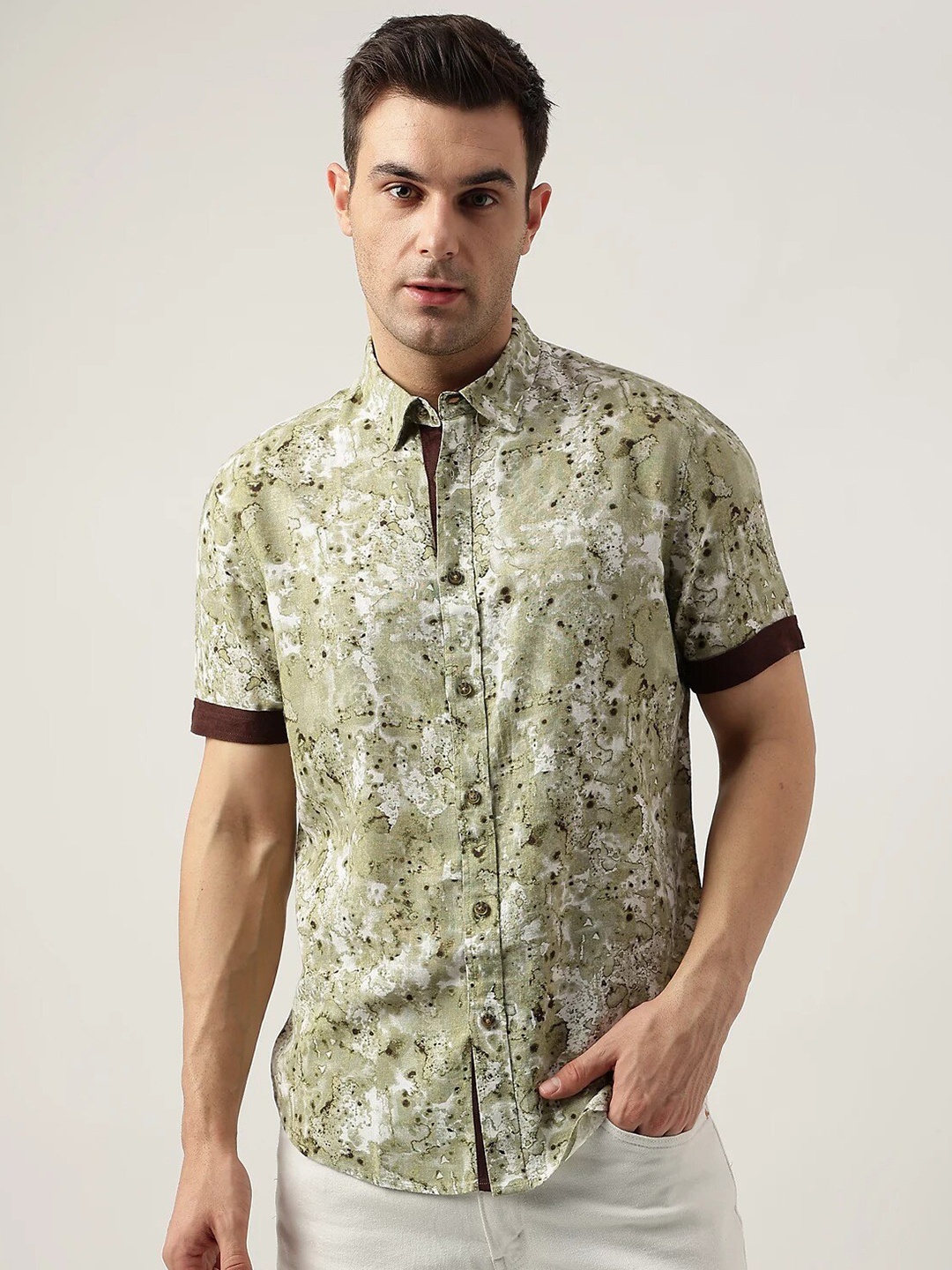 

Marks & Spencer Abstract Printed Spread Collar Casual Shirt, Olive