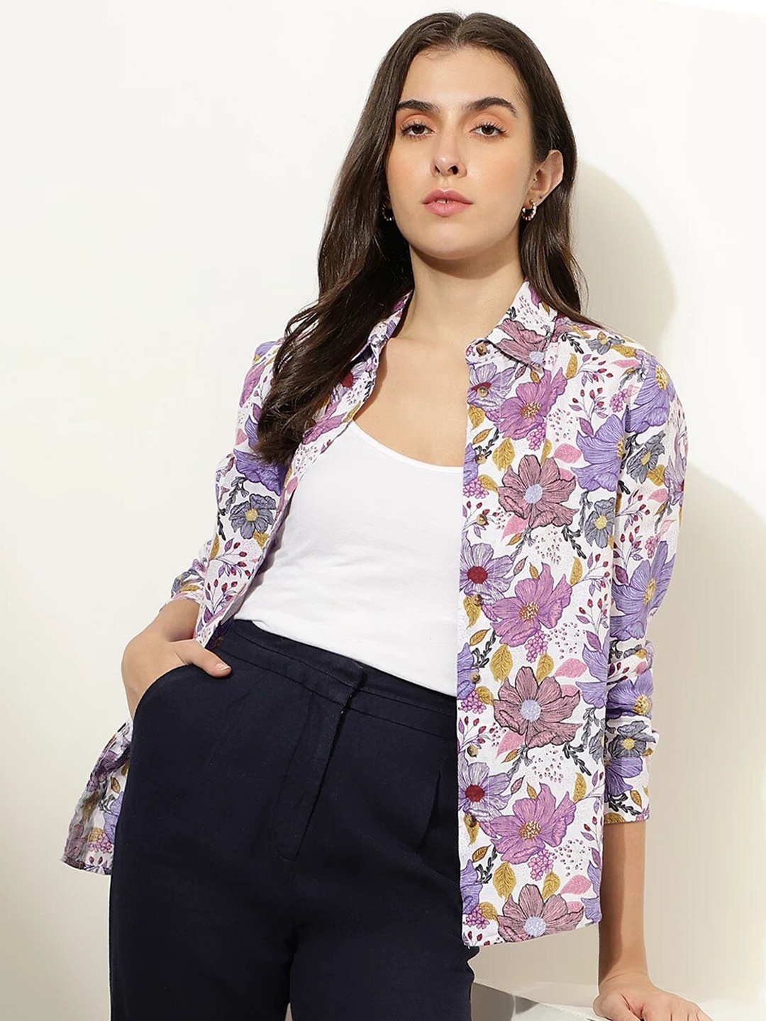 

Marks & Spencer Floral Printed Spread Collar Casual Shirt, Purple