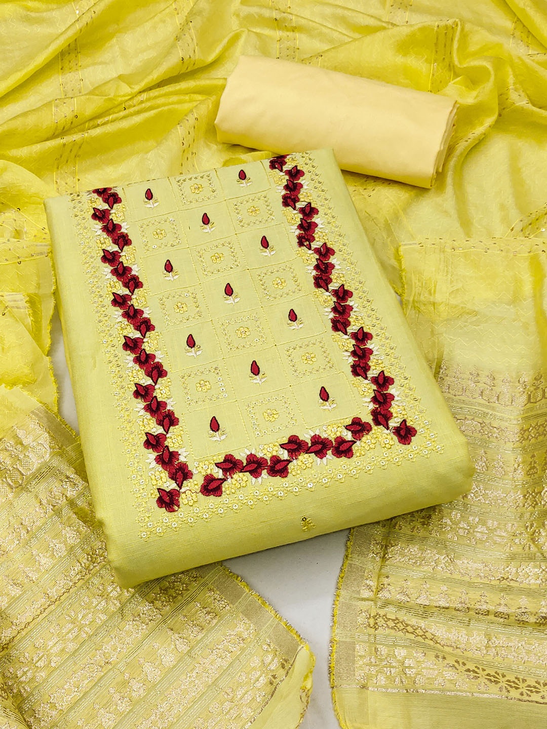 

KALINI Floral Embroidered Sequinned Unstitched Dress Material, Yellow