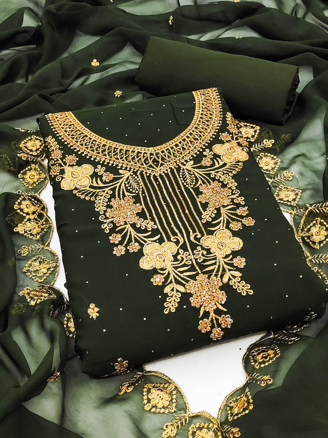 

KALINI Embroidered Silk Georgette Unstitched Dress Material, Green
