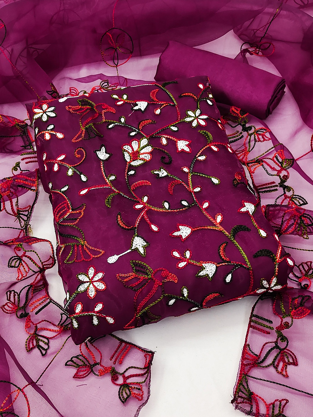 

KALINI Floral Embroidered Organza Unstitched Dress Material, Magenta
