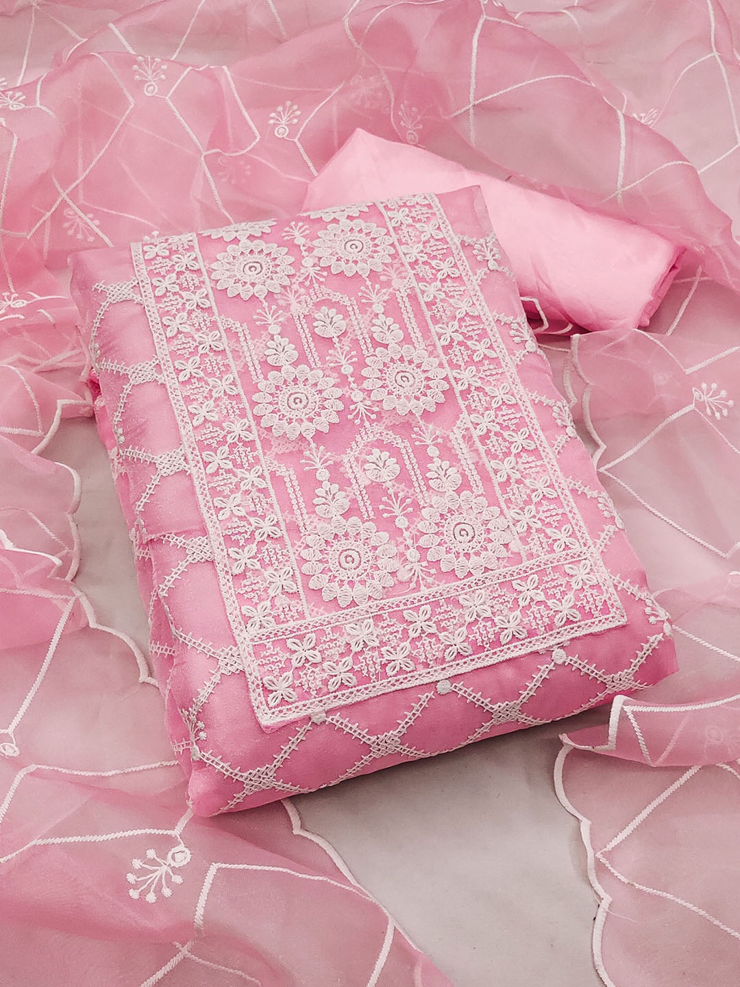

KALINI Ethnic Motifs Embroidered Organza Unstitched Dress Material, Pink