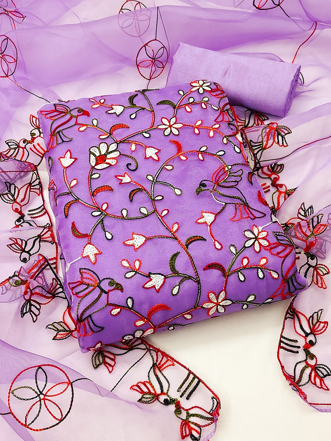 

KALINI Ethnic Motifs Embroidered Organza Unstitched Dress Material, Purple