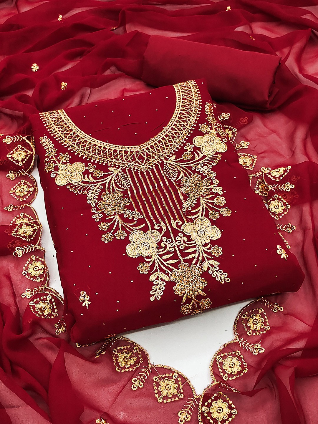 

KALINI Floral Embroidered Unstitched Dress Material, Maroon