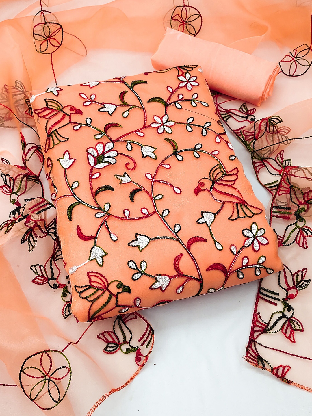 

KALINI Embroidered Organza Unstitched Dress Material, Peach