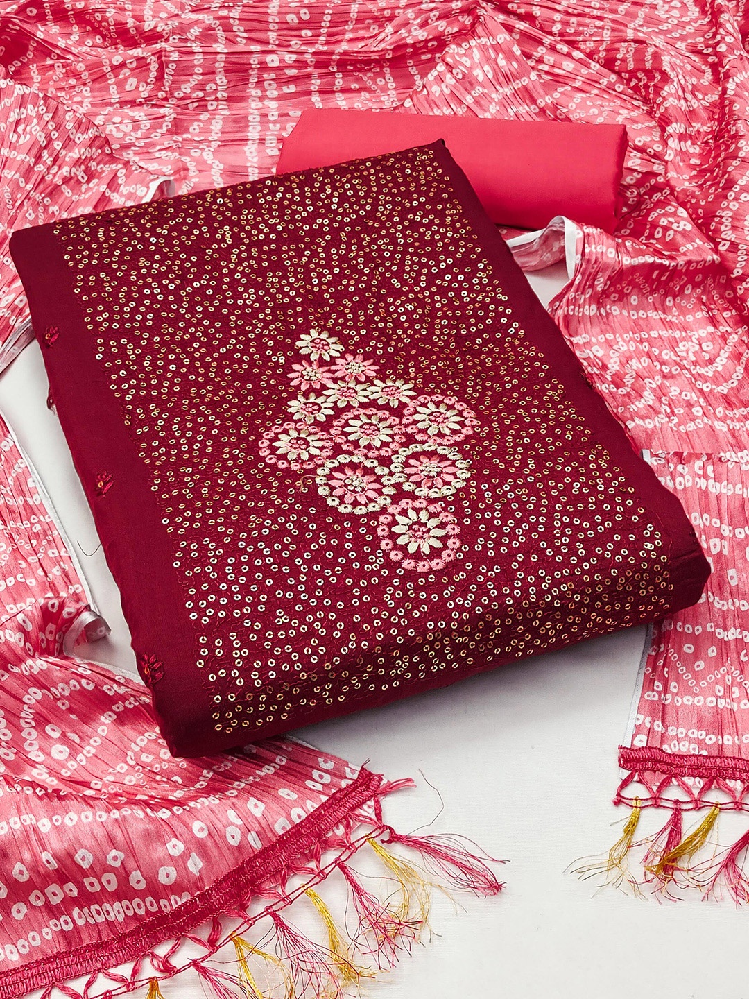 

KALINI Floral Embroidered Sequined Unstitched Dress Material, Maroon