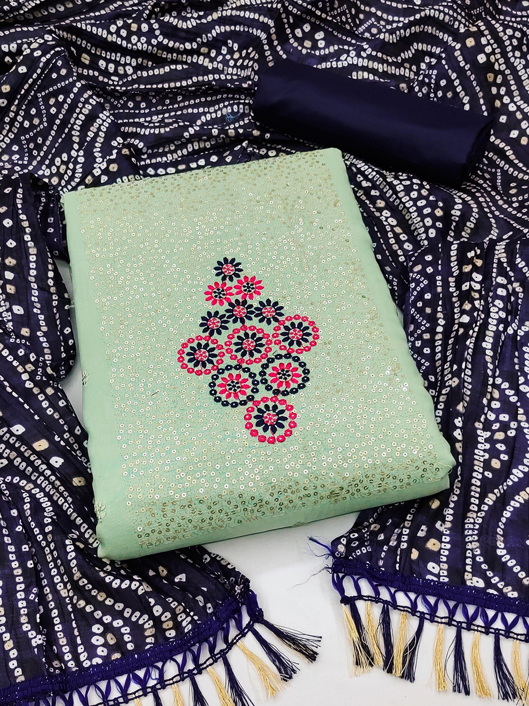 

KALINI Floral Embroidered Sequinned Unstitched Dress Material, Sea green