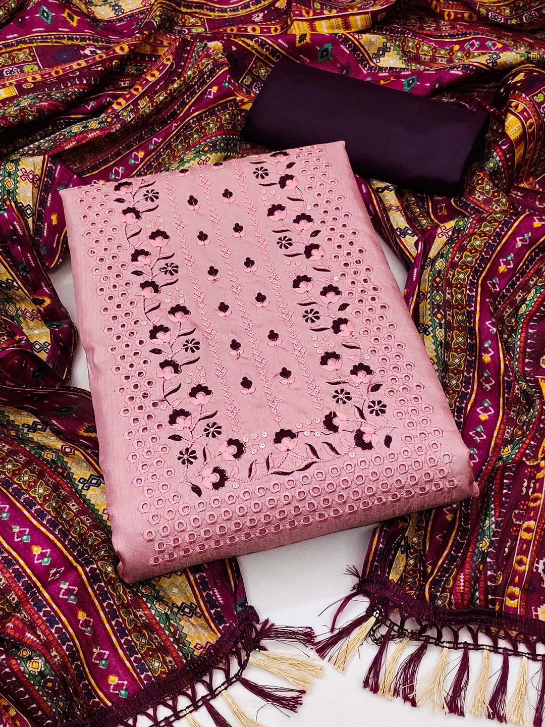 

KALINI Embroidered Unstitched Dress Material, Pink