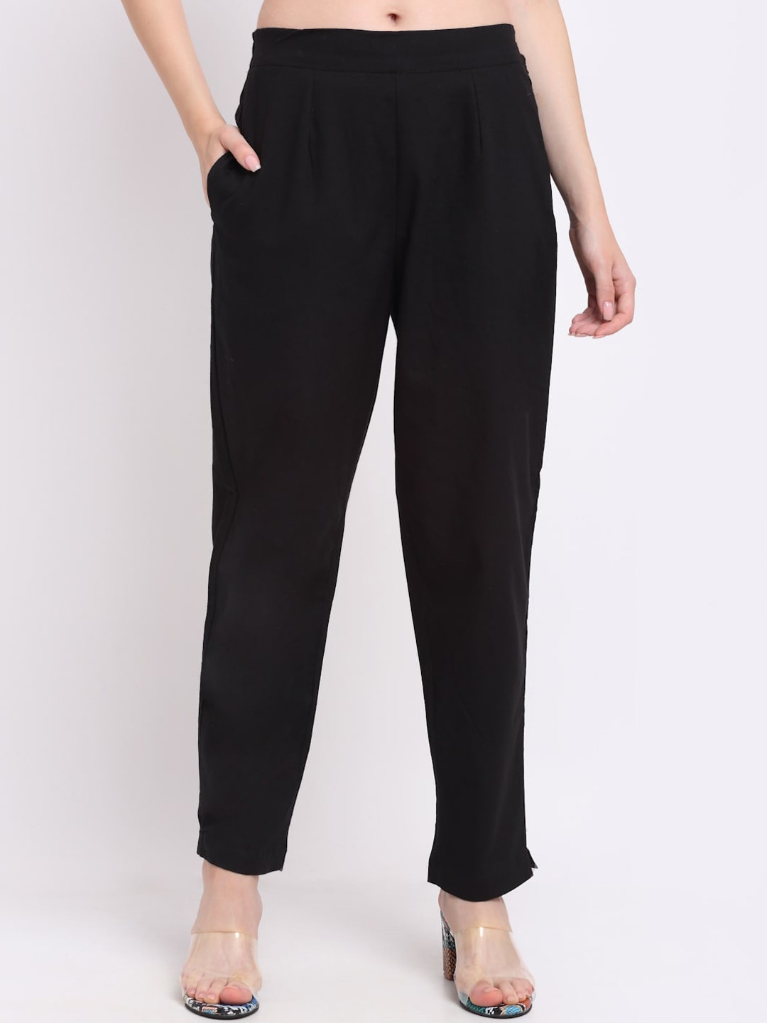 

LARGISH Women Relaxed Easy Wash Pleated Cotton Peg Trousers, Black