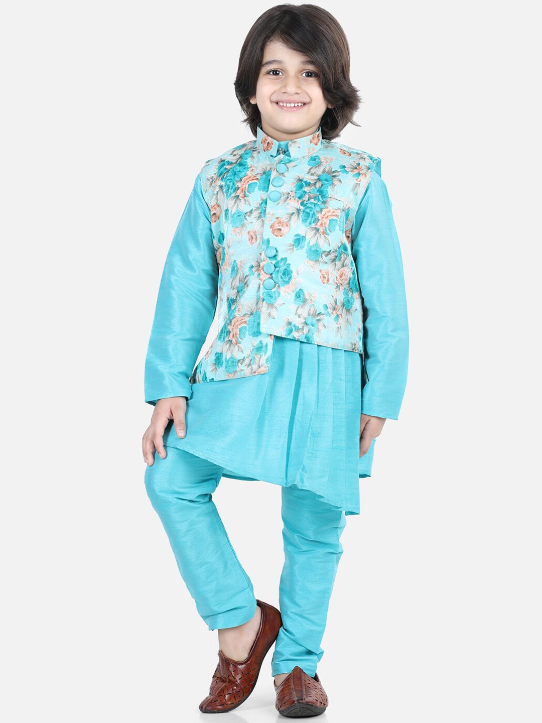 

BownBee Boys Pleated Kurta with Pyjamas & Nehru Jacket, Blue