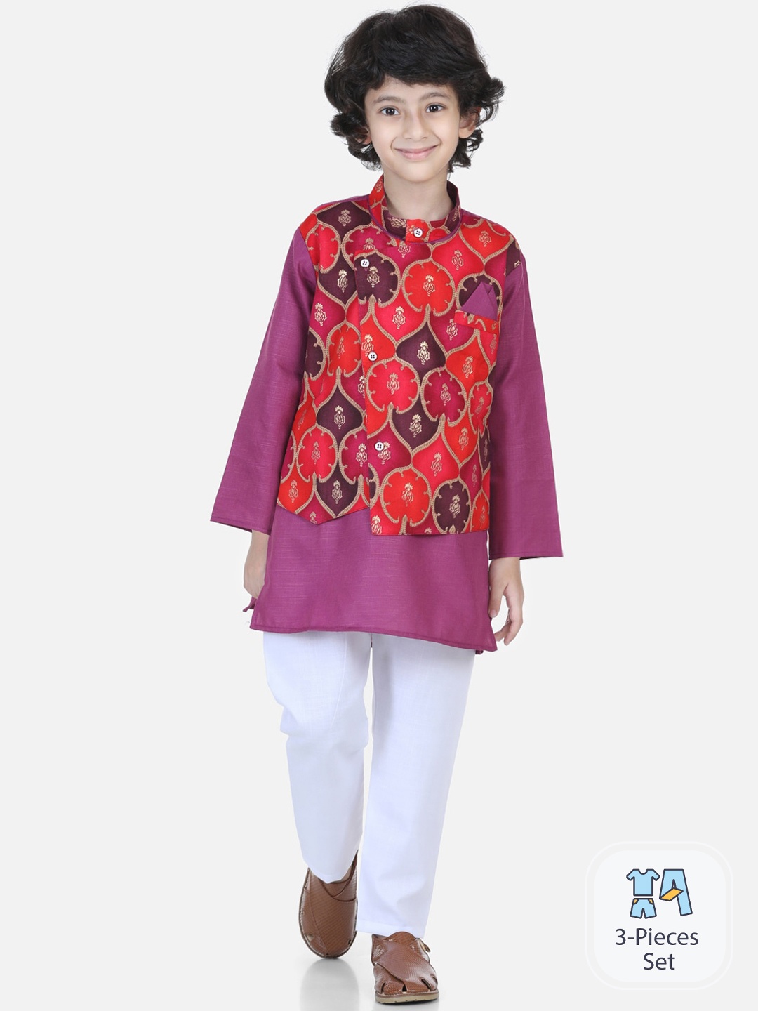 

BownBee Pure Cotton Kurta And Pyjamas With Nehru Jacket, Purple