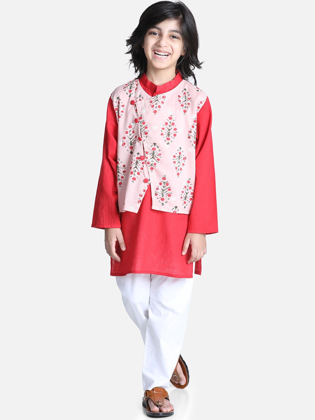 

BownBee Regular Pure Cotton Kurta And Pyjamas With Nehru Jacket, Peach