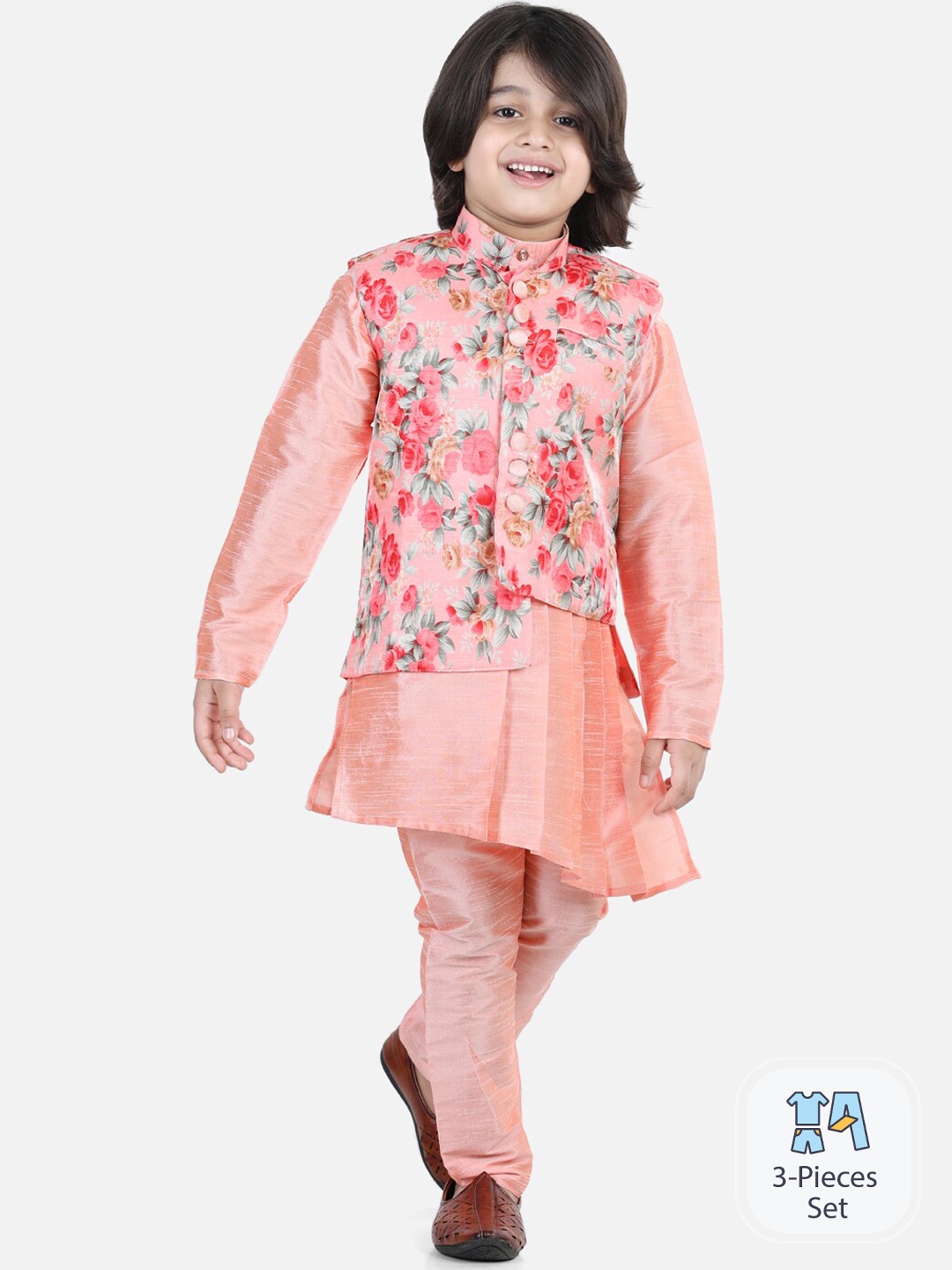 

BownBee Boys Kurta With Pyjamas And Printed Nehru Jacket, Peach