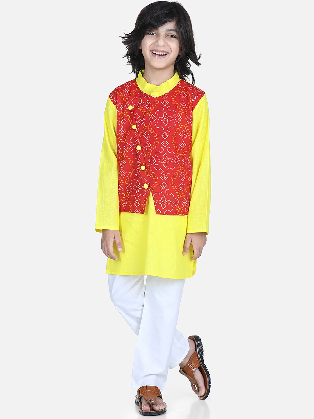 

BownBee Pure Cotton Kurta And Pyjamas With Bandhani Nehru Jacket, Red