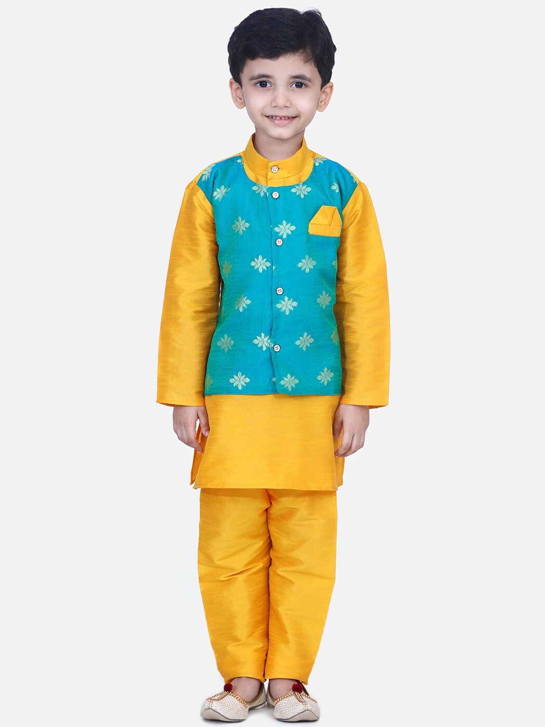 

BownBee Kurta And Pyjamas With Woven Design Nehru Jacket, Yellow