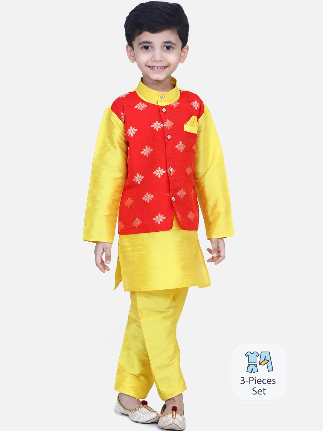 

BownBee Boys Mandarin Collar Kurta & Pyjamas With Nehru jacket, Yellow