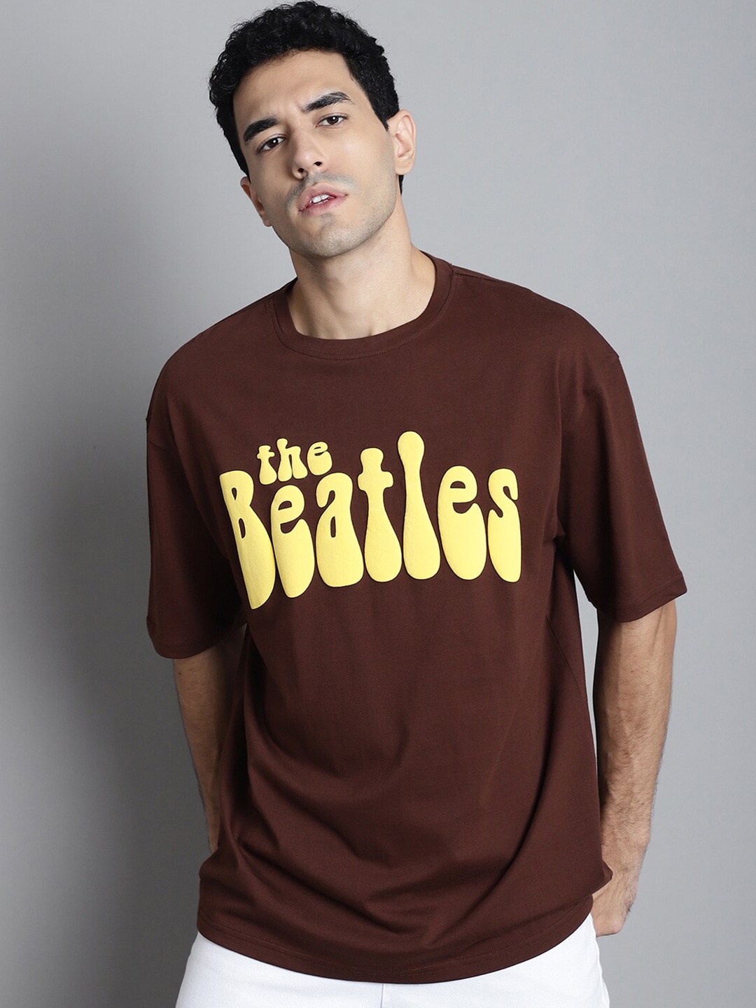 

DOOR74 Typography Printed Drop Shoulder Sleeves Cotton Oversized T-shirt, Brown