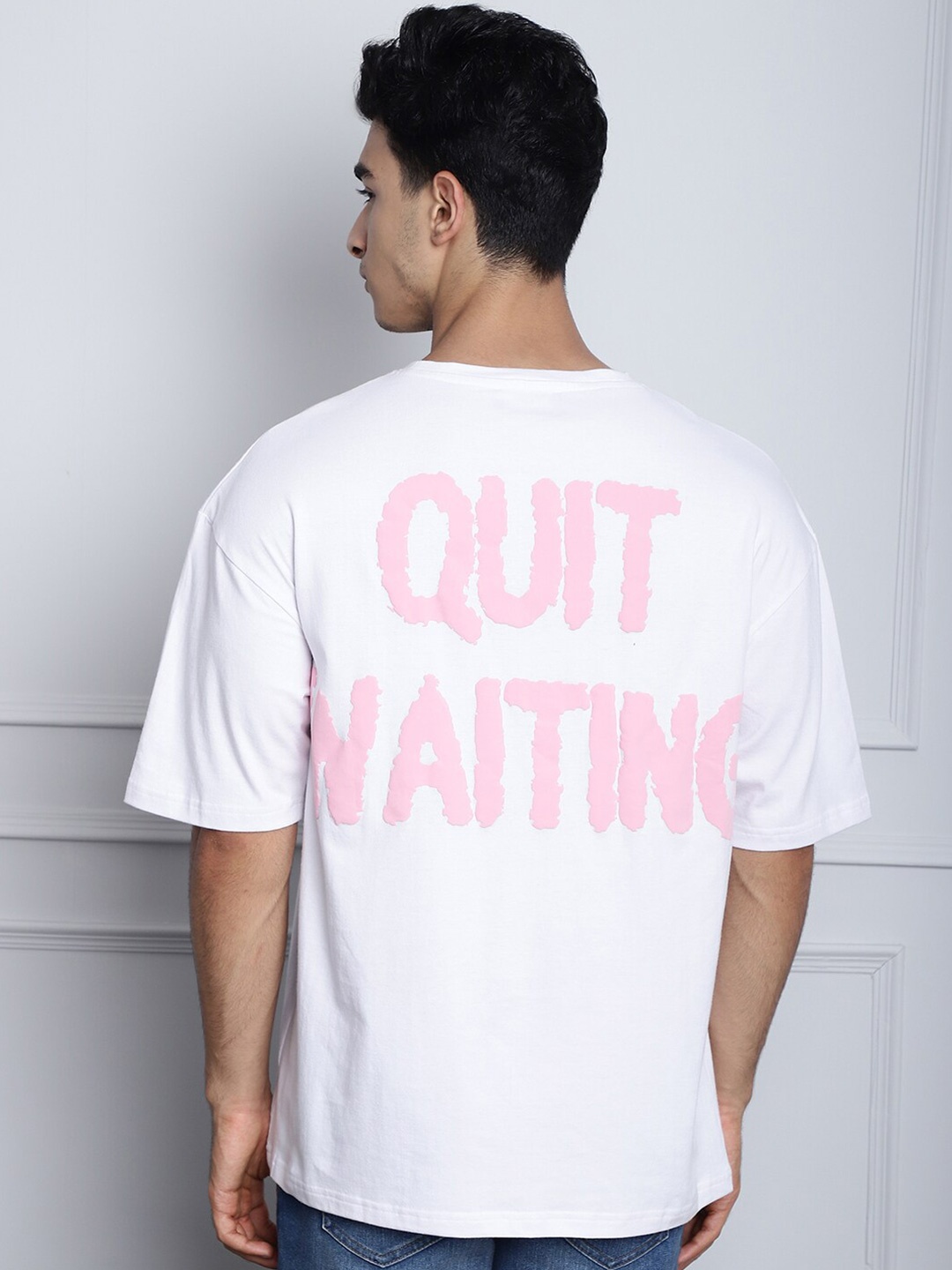 

DOOR74 Typography Printed Drop Shoulder Sleeves Cotton Oversized T-shirt, White