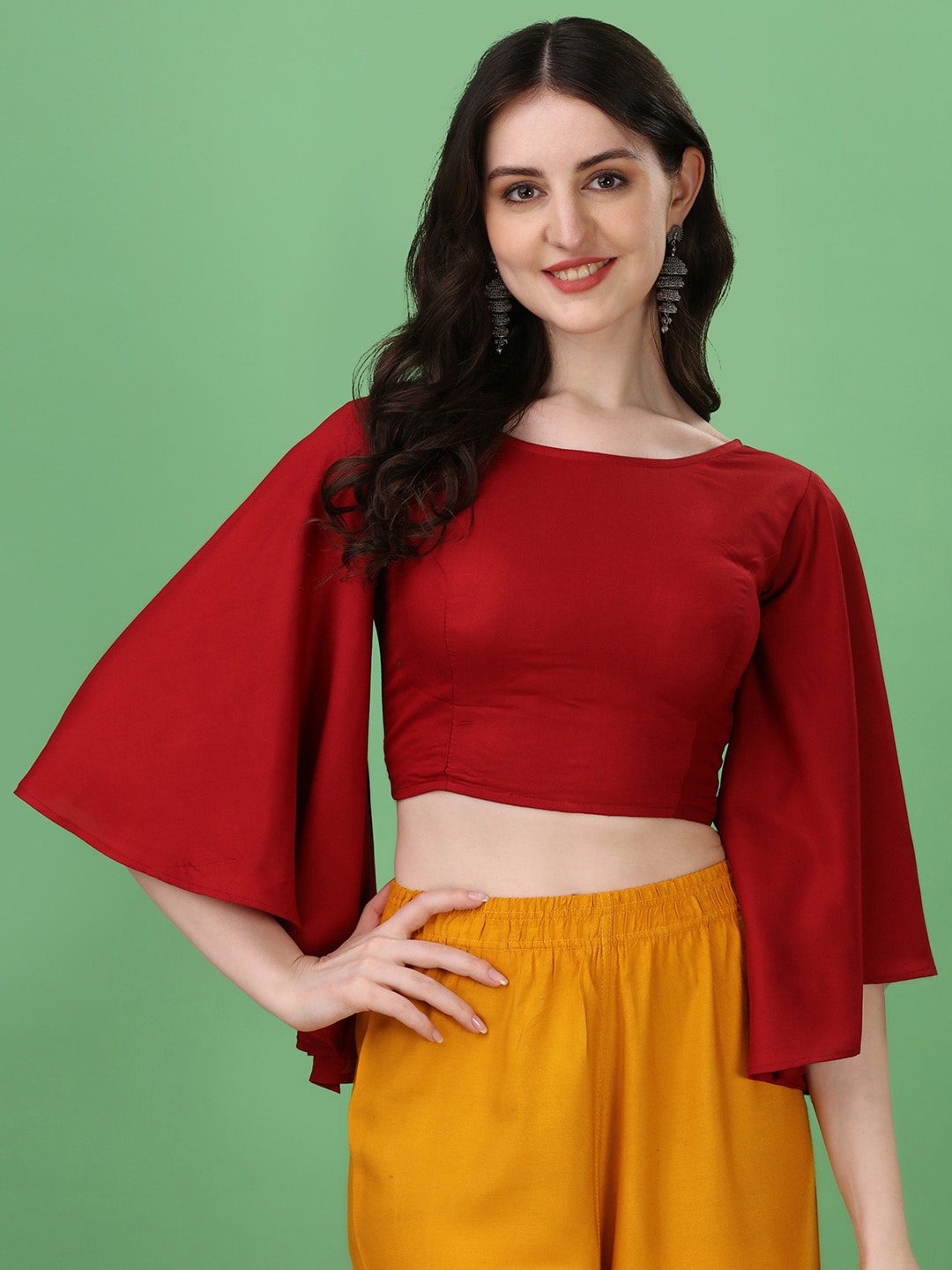 

Oomph! Boat Neck Flared Sleeves Pure Cotton Saree Blouse, Red
