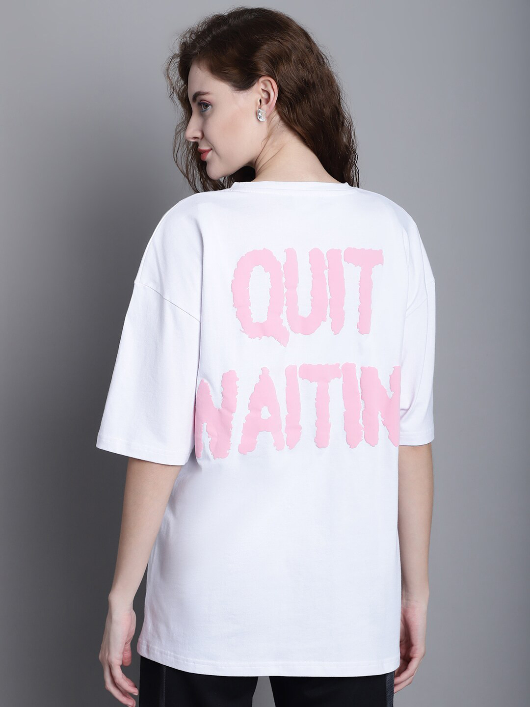 

DOOR74 Typography Printed Drop-Shoulder Sleeves Oversize Cotton T-shirt, White