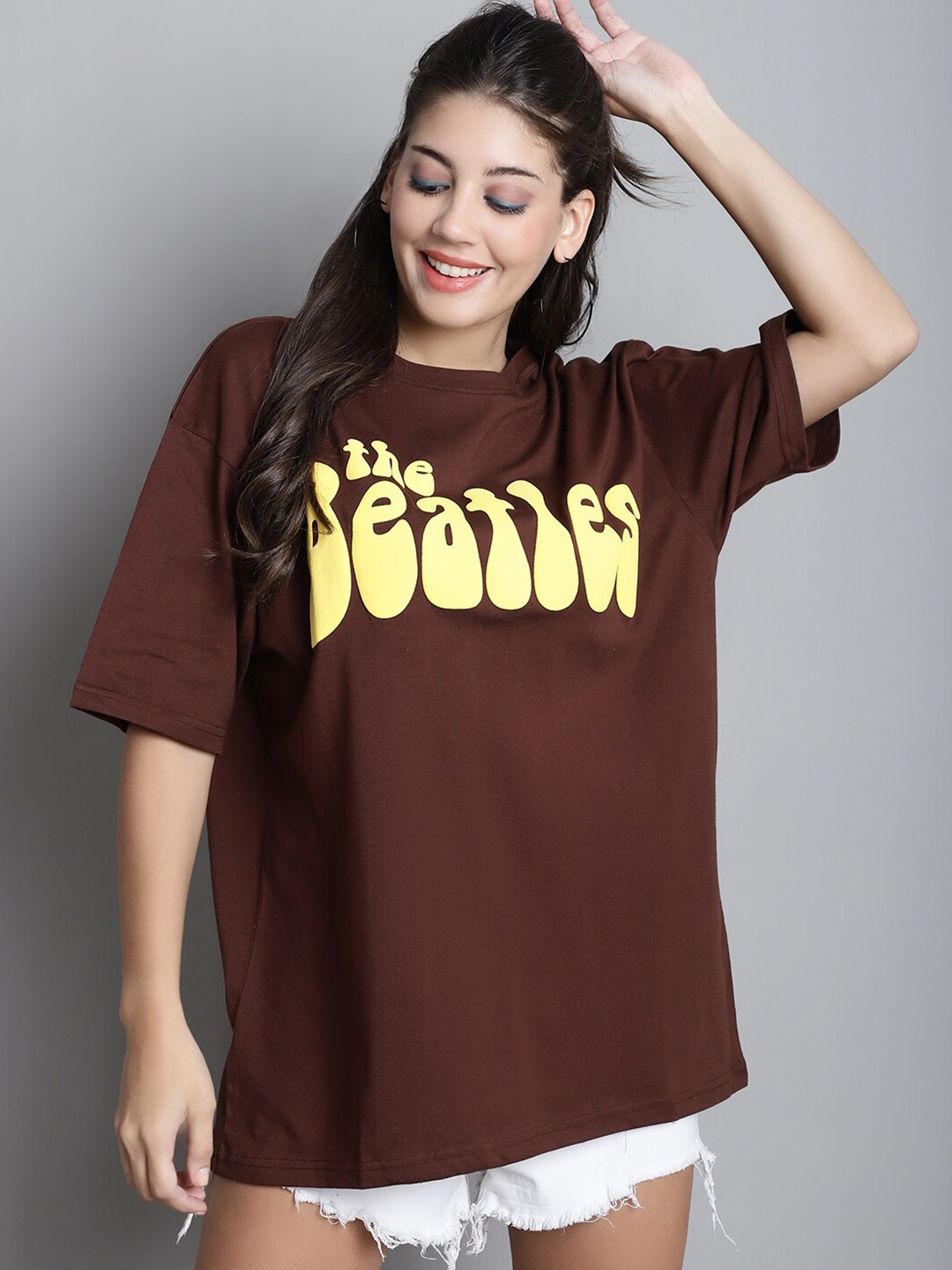 

DOOR74 Typography Printed Drop Shoulder Sleeves Cotton Oversized T-shirt, Brown