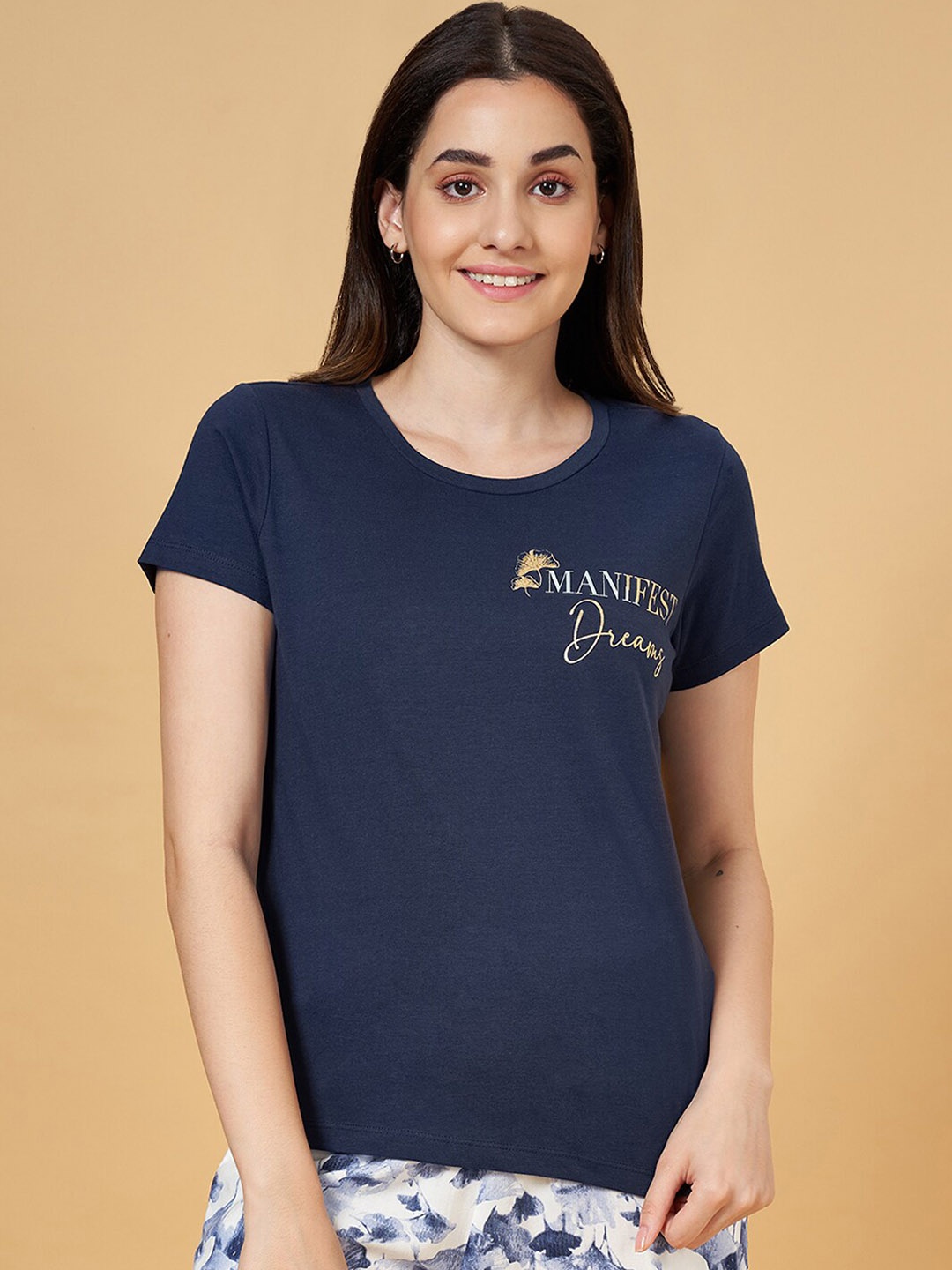 

Dreamz by Pantaloons Typography Printed Cotton Lounge T-shirt, Navy blue