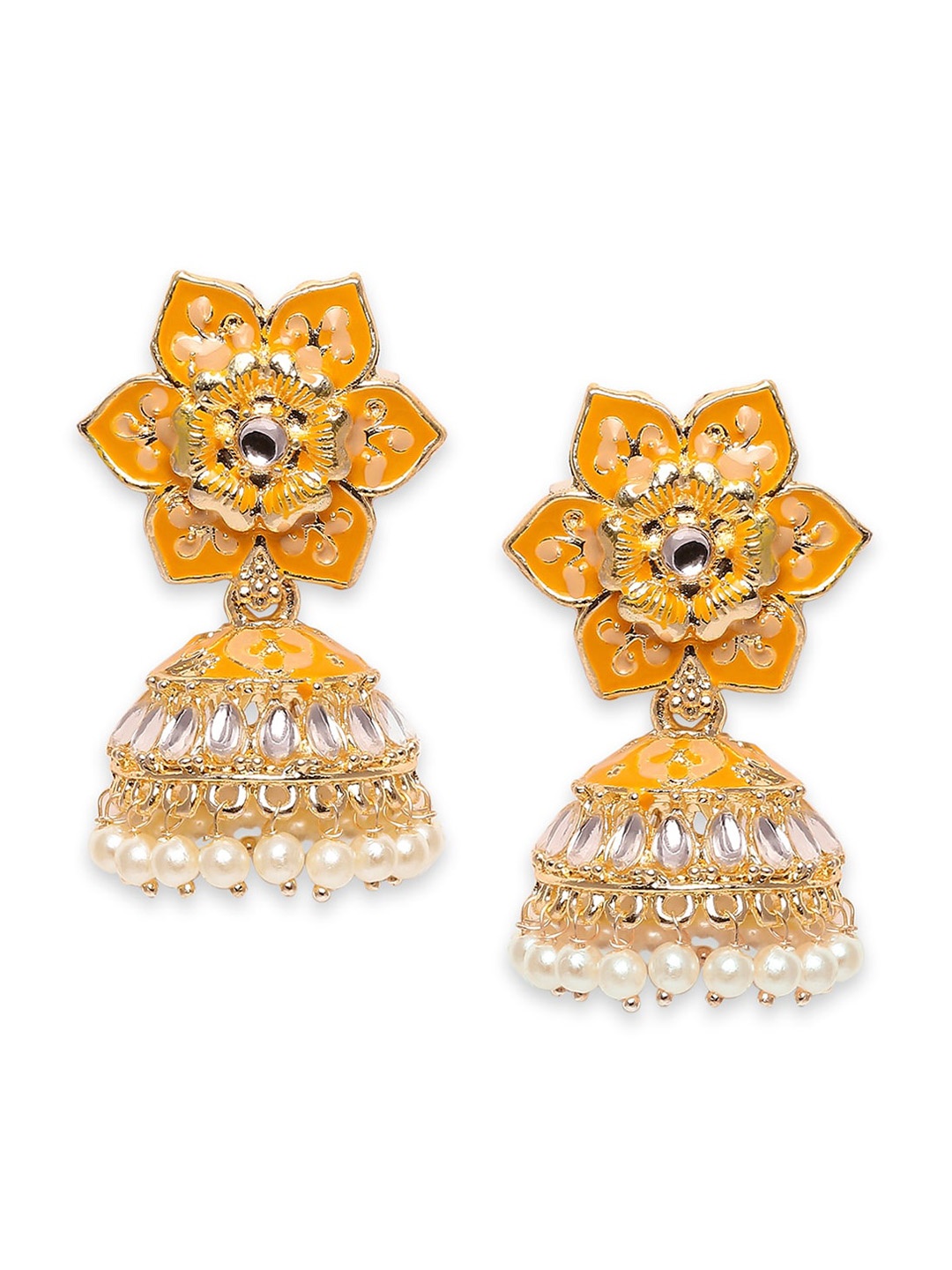 Young & Forever Brass-Plated Floral Jhumkas, Yellow