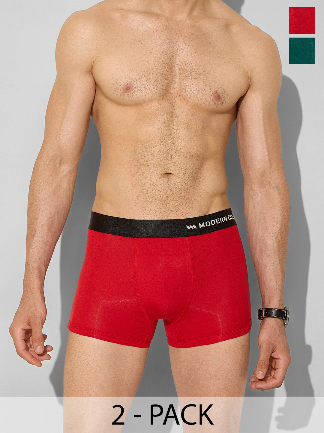 

MODERN CREW Men Pack of 2 Premium Micro Modal Short Trunks MC2-ST-002-CL-EG-BC, Red