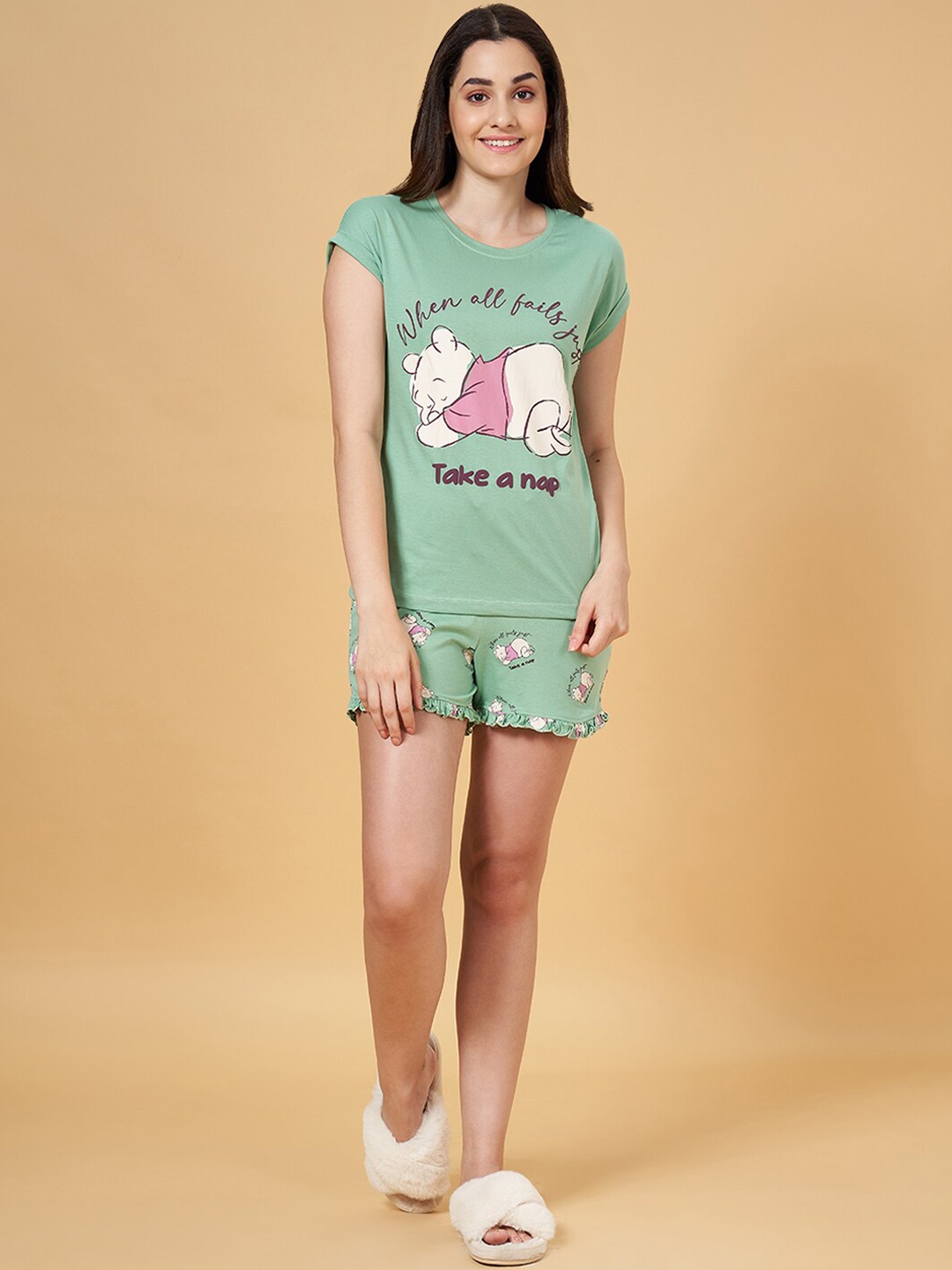 

Dreamz by Pantaloons Graphic Printed Round Neck Cotton Night suit, Olive