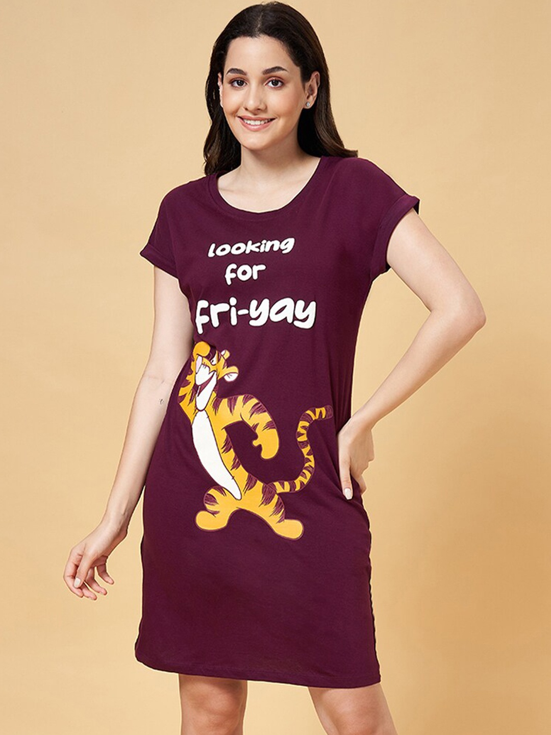 

Dreamz by Pantaloons Graphic Printed Pure Cotton T-shirt Nightdress, Maroon