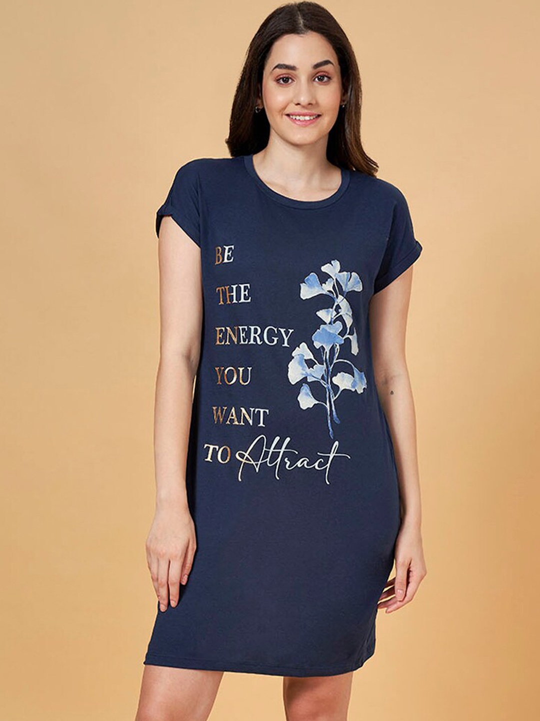 

Dreamz by Pantaloons Typographic Printed Pure Cotton T-shirt Nightdress, Navy blue