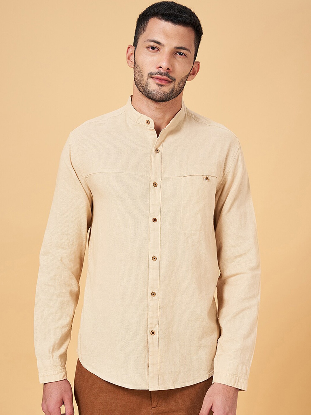 

7 Alt by Pantaloons Mandarin Collar Slim Fit Opaque Casual Shirt, Beige