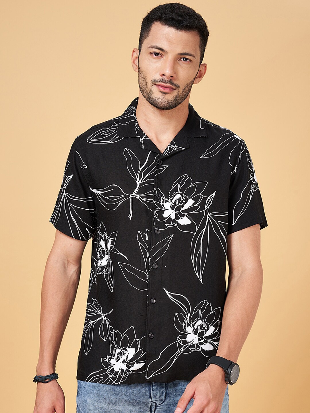 

People Slim Fit Floral Printed Cuban Collar Casual Shirt, Black