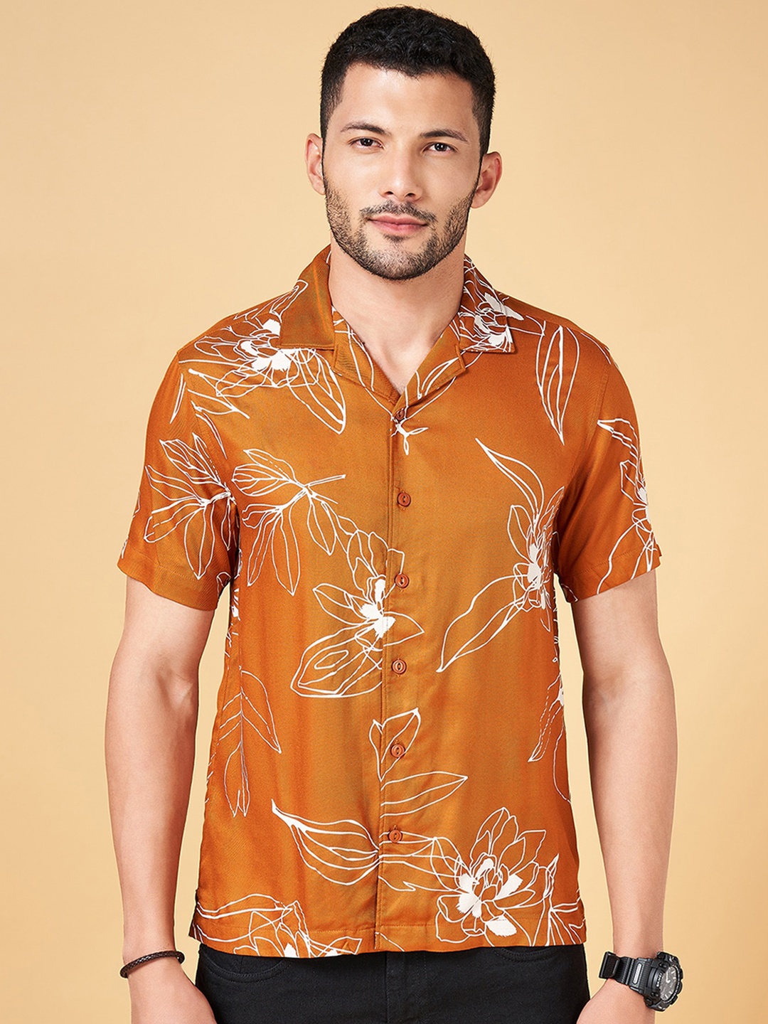 

People Slim Fit Floral Printed Cuban Collar Casual Shirt, Mustard