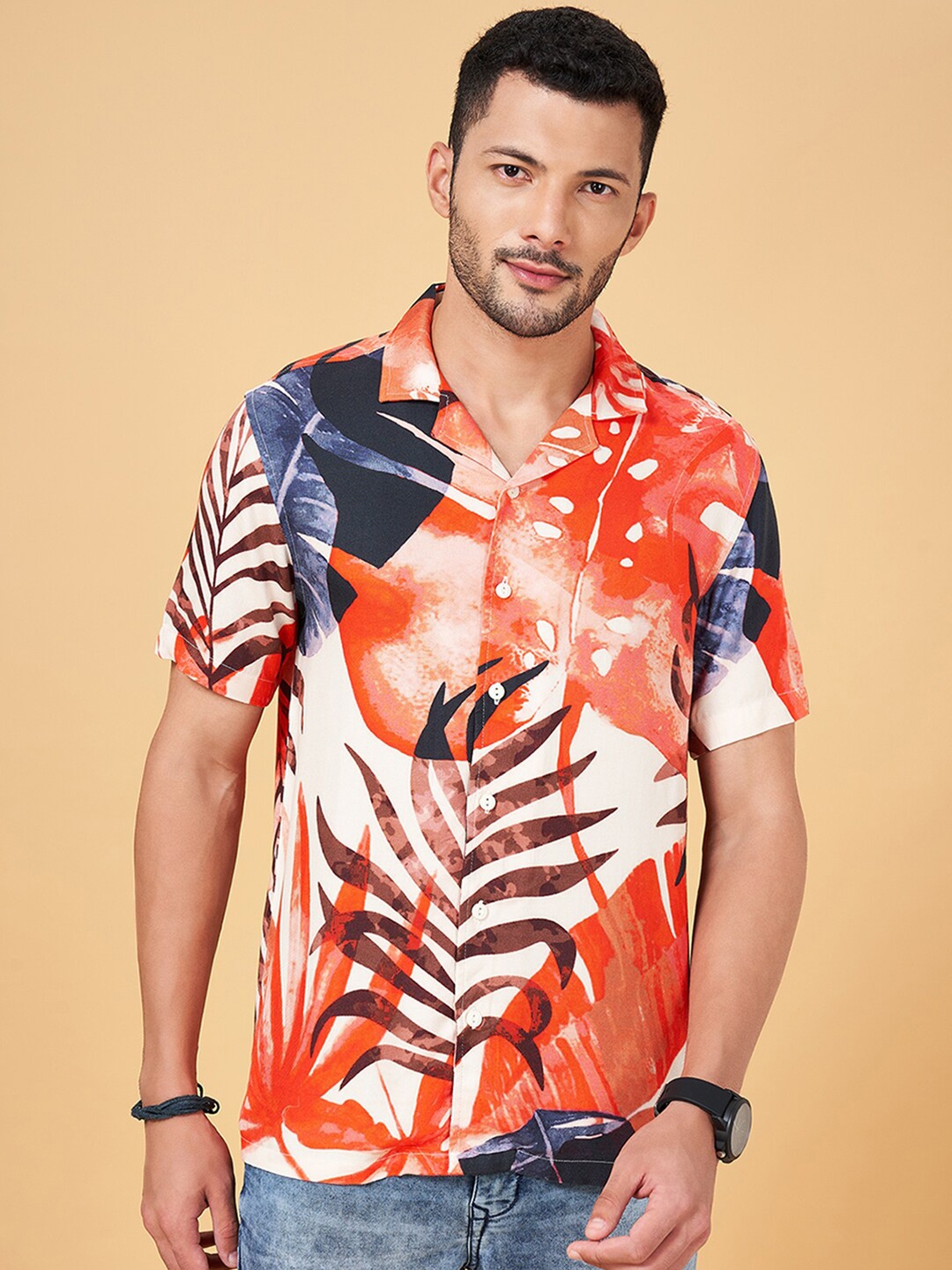 

People Slim Fit Floral Printed Cuban Collar Casual Shirt, Orange
