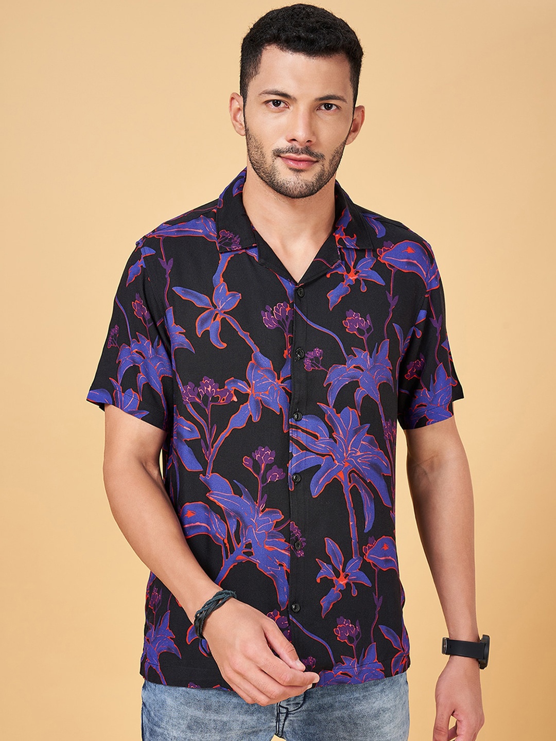 

People Slim Fit Floral Printed Cuban Collar Casual Shirt, Black