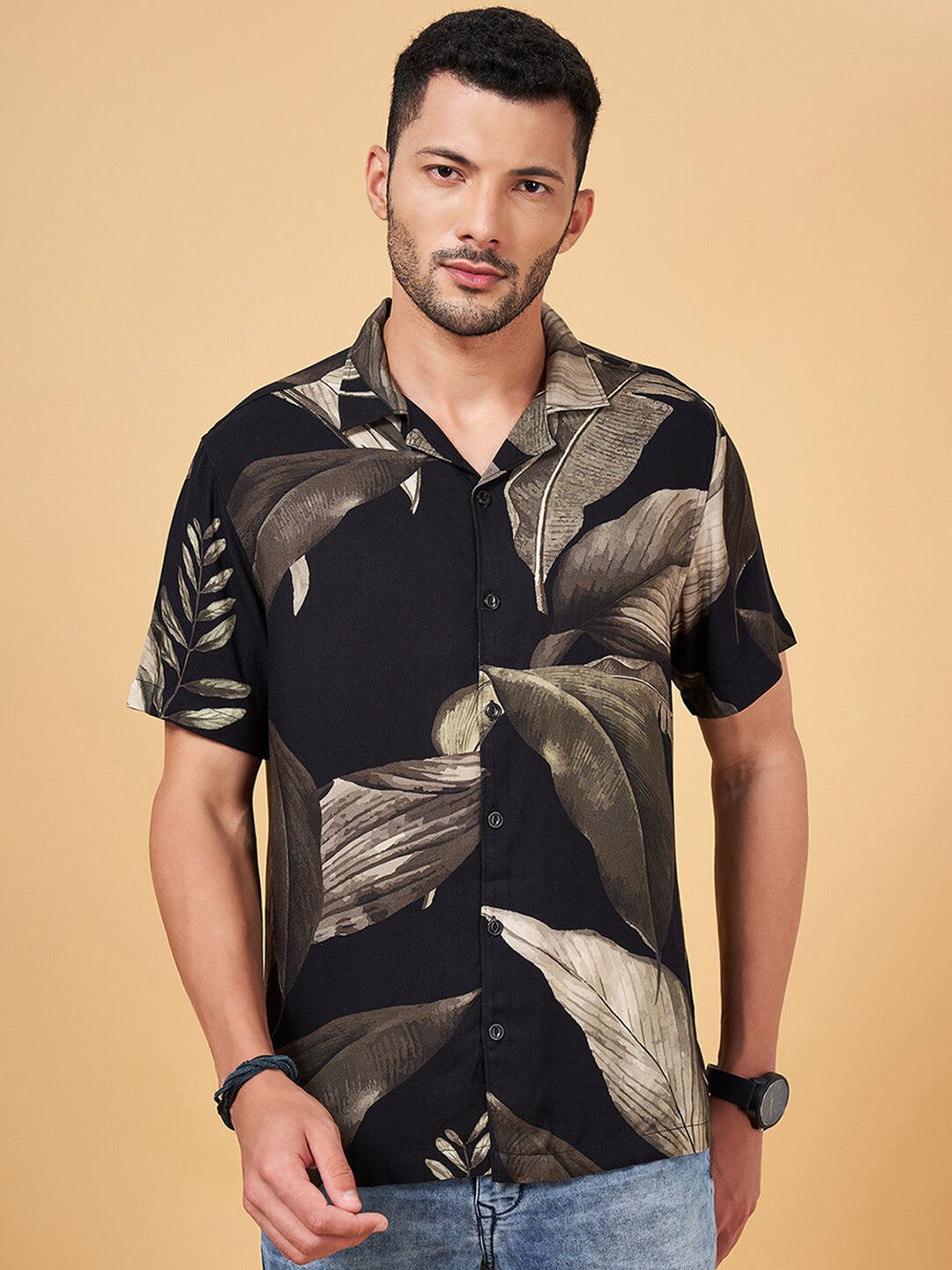 

People Slim Fit Floral Printed Cuban Collar Casual Shirt, Black