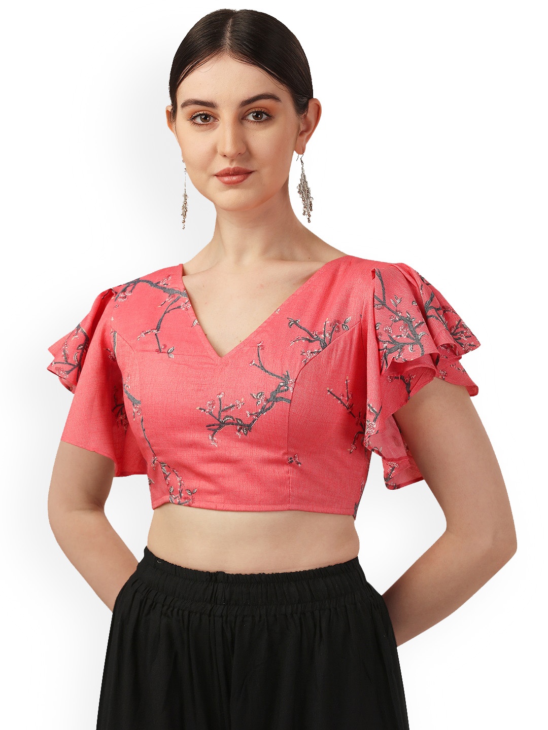 

Oomph! Floral Printed V-Neck Flutter Sleeve Pure Cotton Saree Blouse, Pink