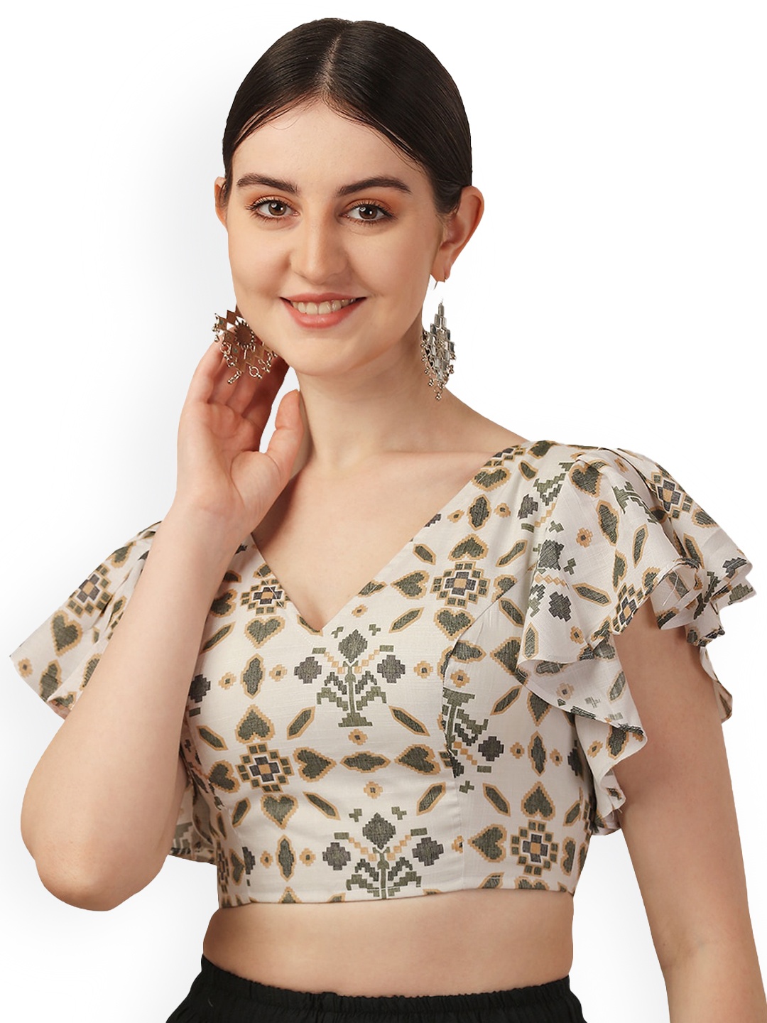 

Oomph! Ethnic Motifs Printed Pure Cotton Saree Blouse, Grey