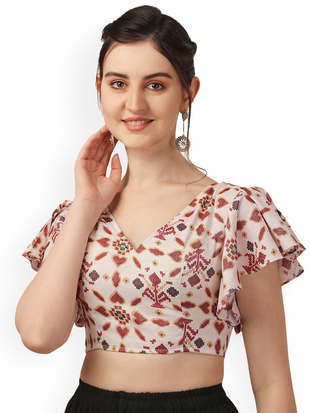 

Oomph! Ethnic Motifs Printed V-Neck Flutter Sleeve Pure Cotton Saree Blouse, Red