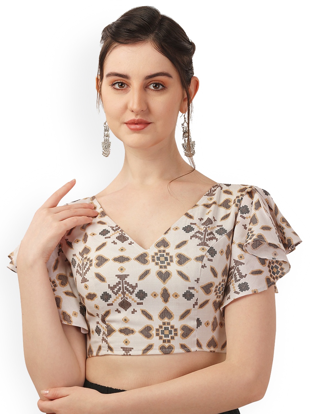 

Oomph! Printed V-Neck Cotton Saree Blouse, Brown